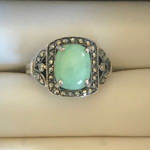 Marcasite and jade sterling silver ring